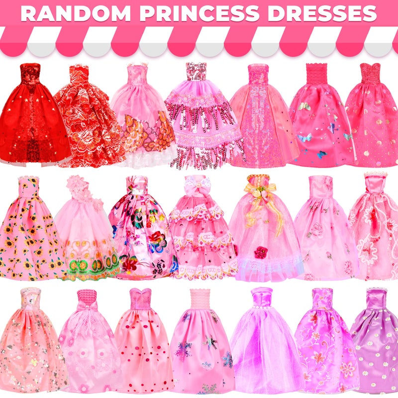 Bymore ï»¿195 Pcs Doll Clothes and Accessories Kit, Include Princess Gowns, Fashion Skirt, Slip Dresses, Tops, Pants, Bikini Swimsuits, Shoes, Crowns, Necklaces, Glasses, Hangers in Gift Box for 11"-12" Dolls - Image 2